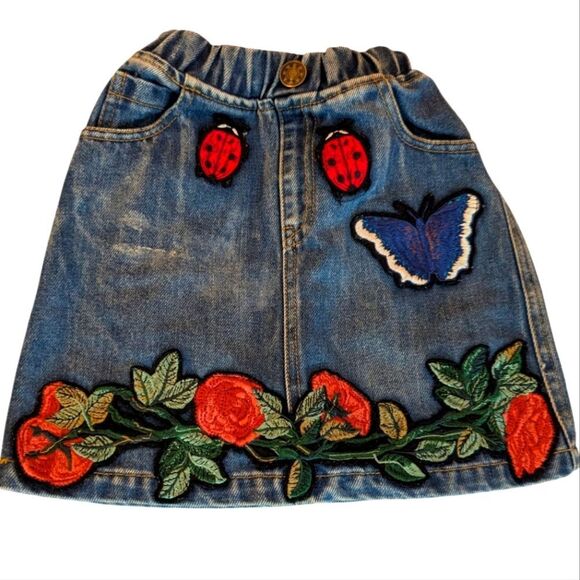 Lola + The Boys Denim Butterfly Flower & Ladybug Patch Jean Skirt Girl 7 - Picture 1 of 6